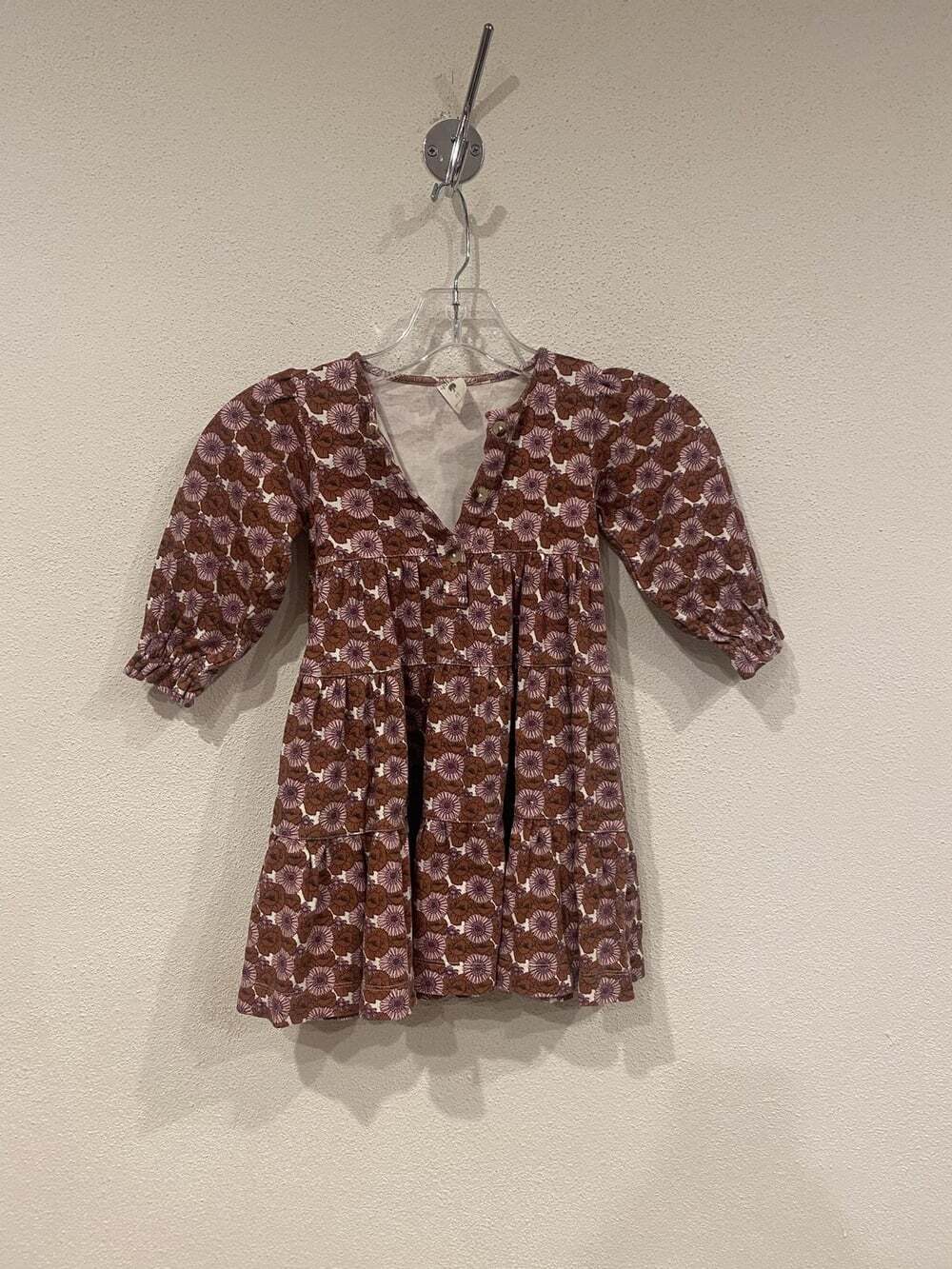 Kate Quinn Dress Girls 2T Brown Floral V Neck Puff Sleeve Organic Cotton Boho